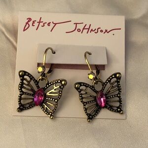Betsey Johnson Burnished Gold Tone Boho Butterfly Drop Earrings Crystal NWT